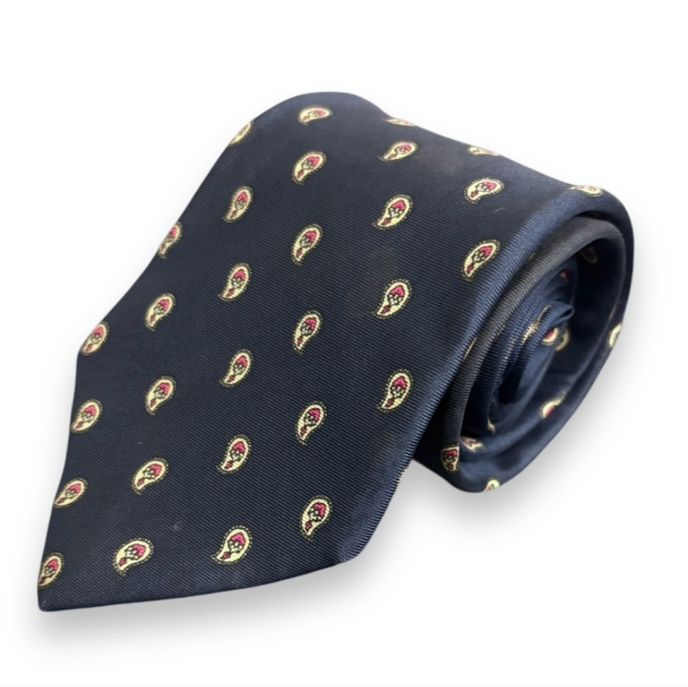 CHRISTIAN DIOR 100% Silk Tie Navy with Yellow & Red Paisley VINTAGE